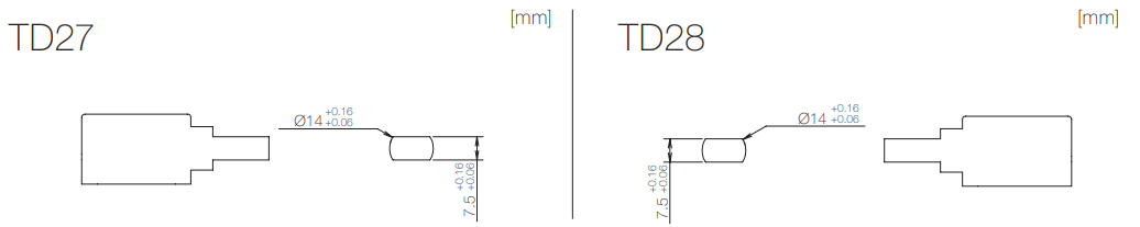 Dimensions related to mounting of TD27/28 rotary damper